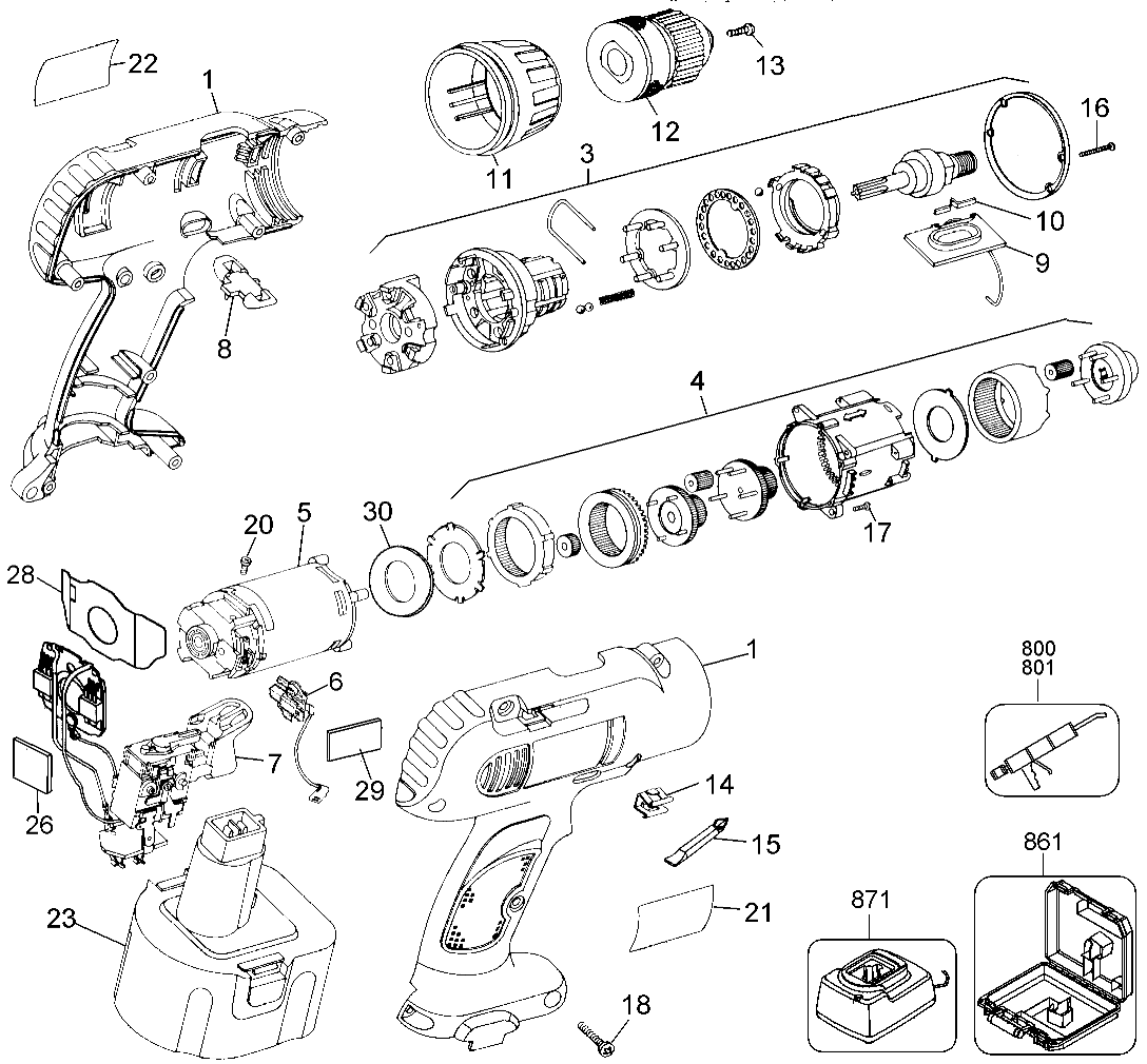 Default Diagram and Parts List for 2898K Type 1 Black and Decker Boring Machine